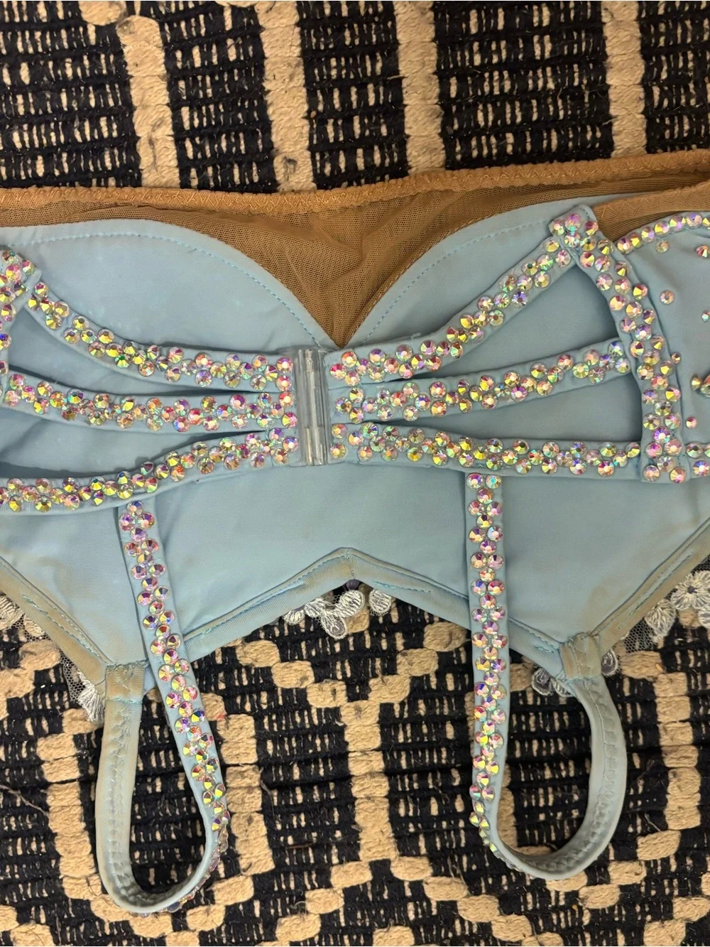 Kids Dance Costume Top - Pale Blue Floral Rhinestone Bra